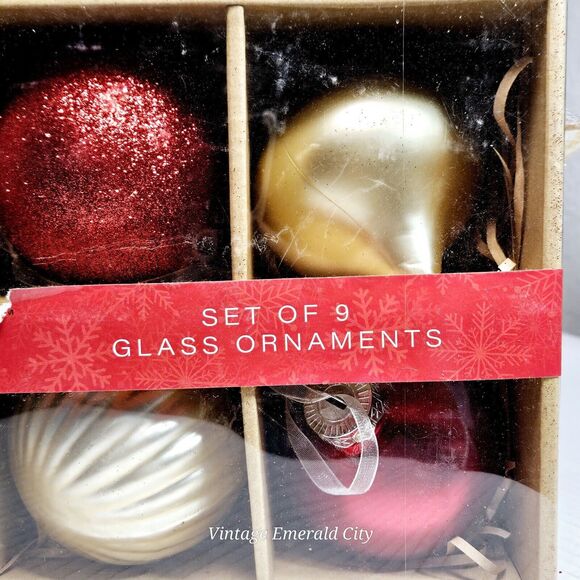 New BEEKMAN Home Glass Tree Ornament BALL s/9 Red & Gold Christmas Box Set - Picture 2 of 7